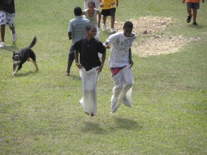 Boys in sack race